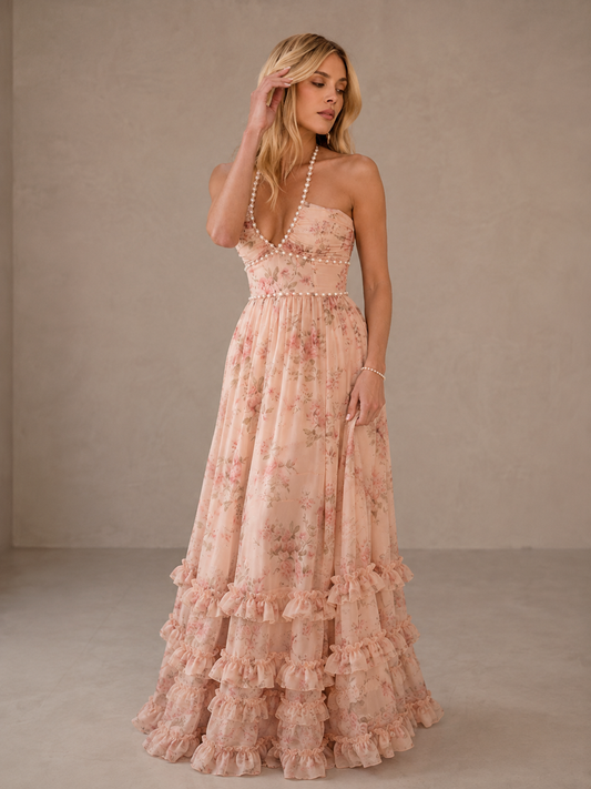 Vera | Pearl Halter Floral Maxi Dress