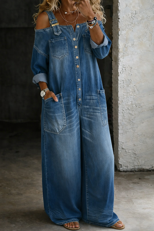 Stefania | Denim Shirt with Exposed Shoulders