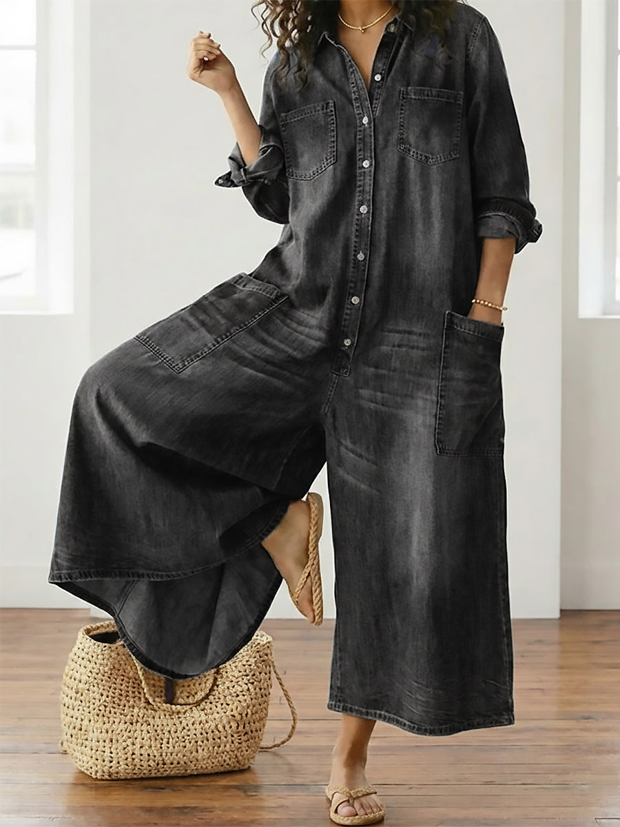 Diana | Vintage jumpsuit in soft washed cotton denim with buttons