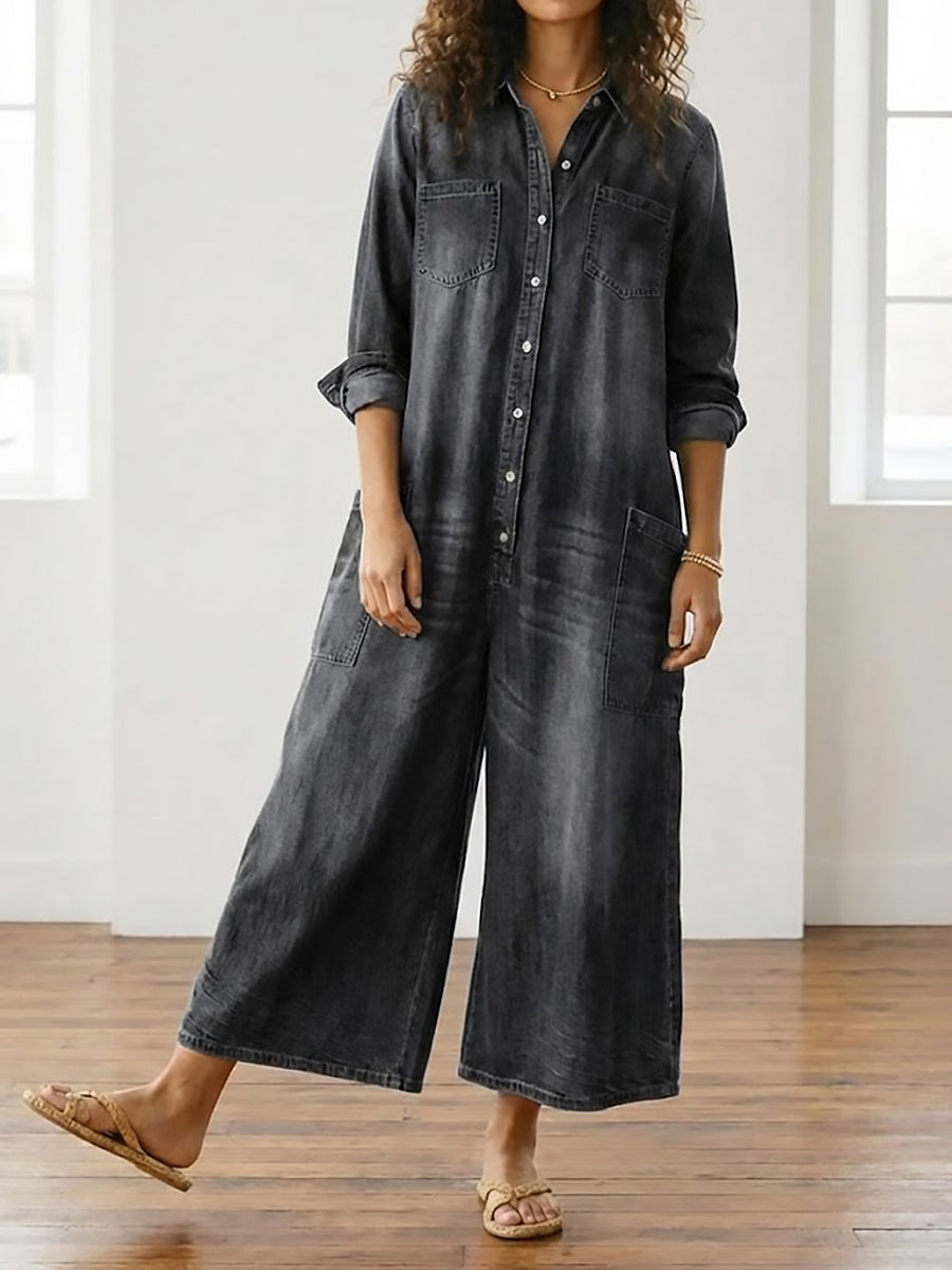 Diana | Vintage jumpsuit in soft washed cotton denim with buttons